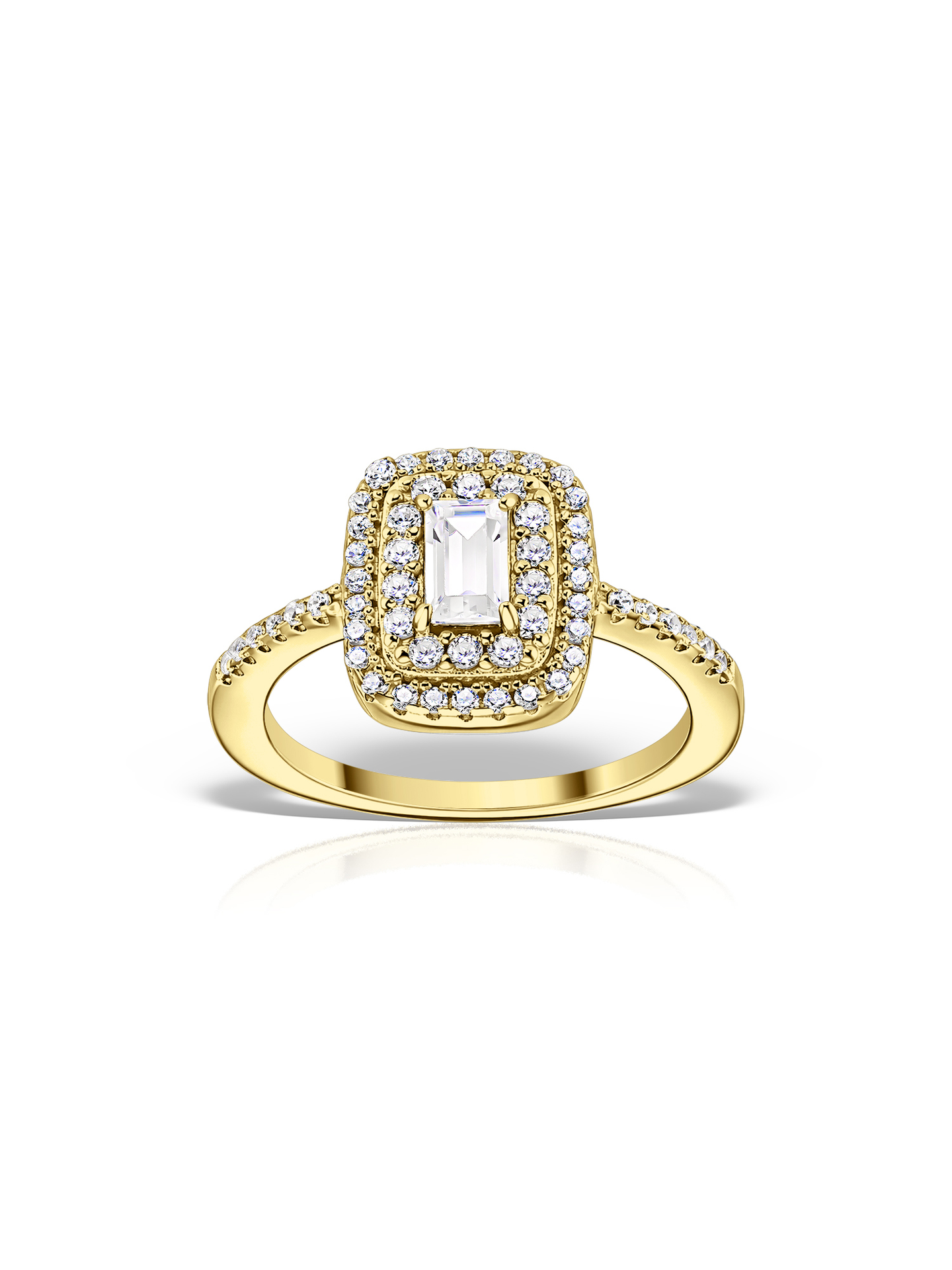 Inel de logodna dreptunghiular argint placat cu aur si zirconii | MESTIMO Inel de logodna dreptunghiular din argint placat cu aur si zirconii. Design elegant tip halo, stralucire intensa si aspect premium la pret accesibil.